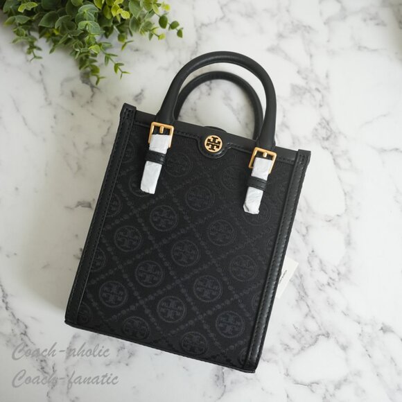 NWT Tory Burch Mini T Monogram North/South Crossbody Tote in Black - Picture 9 of 10